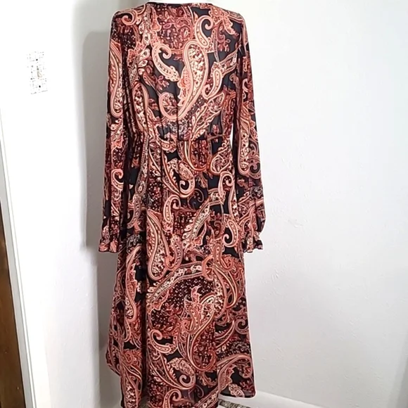 Shein Rust & Black Paisley Midi-Dress, Wide Belt, Bishop Sleeves Sz 12,XL, NWOT - Picture 10 of 13